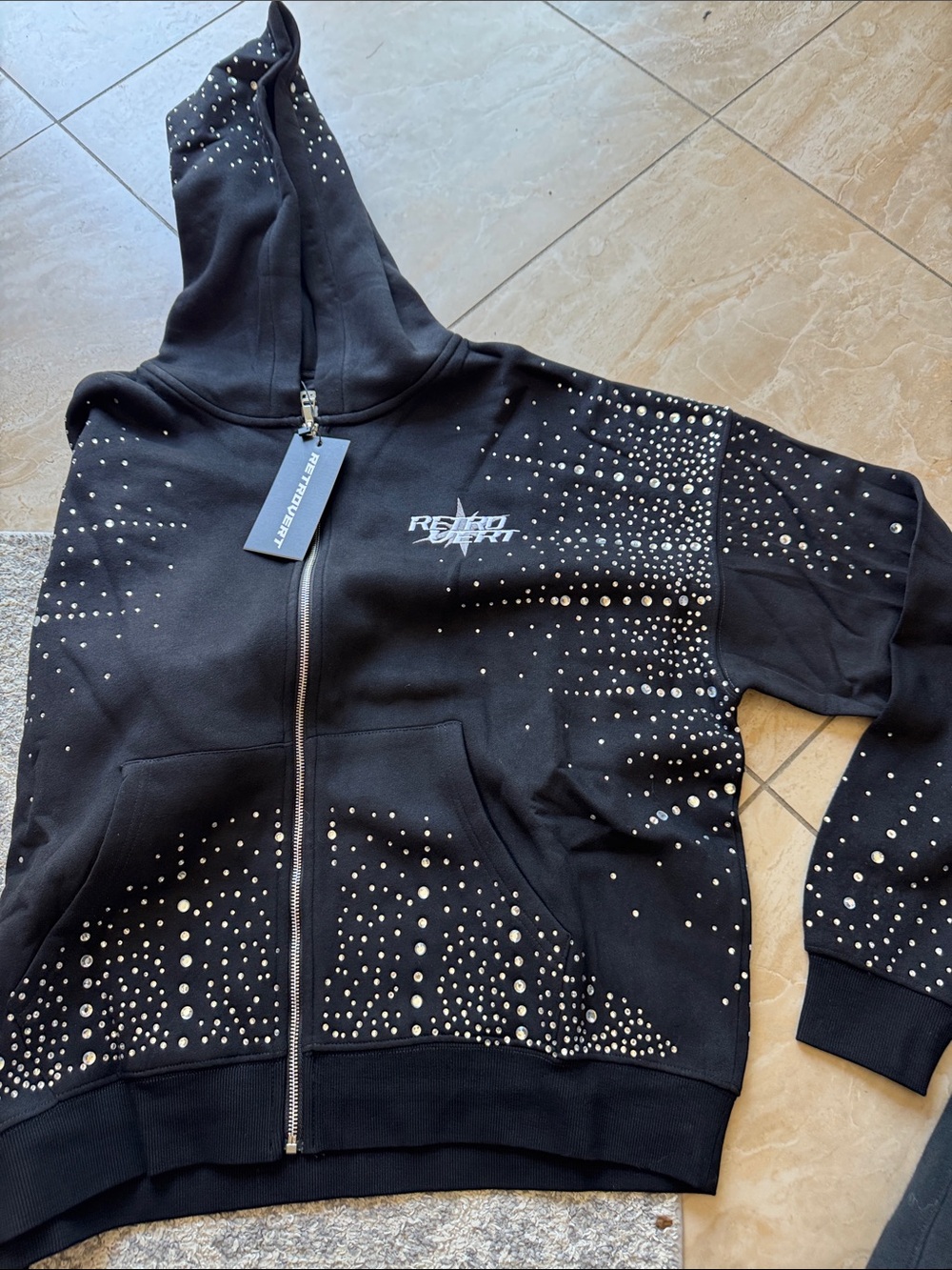 Retrovert rhinestone Studded Black Zip-Up Hoodie with Logo